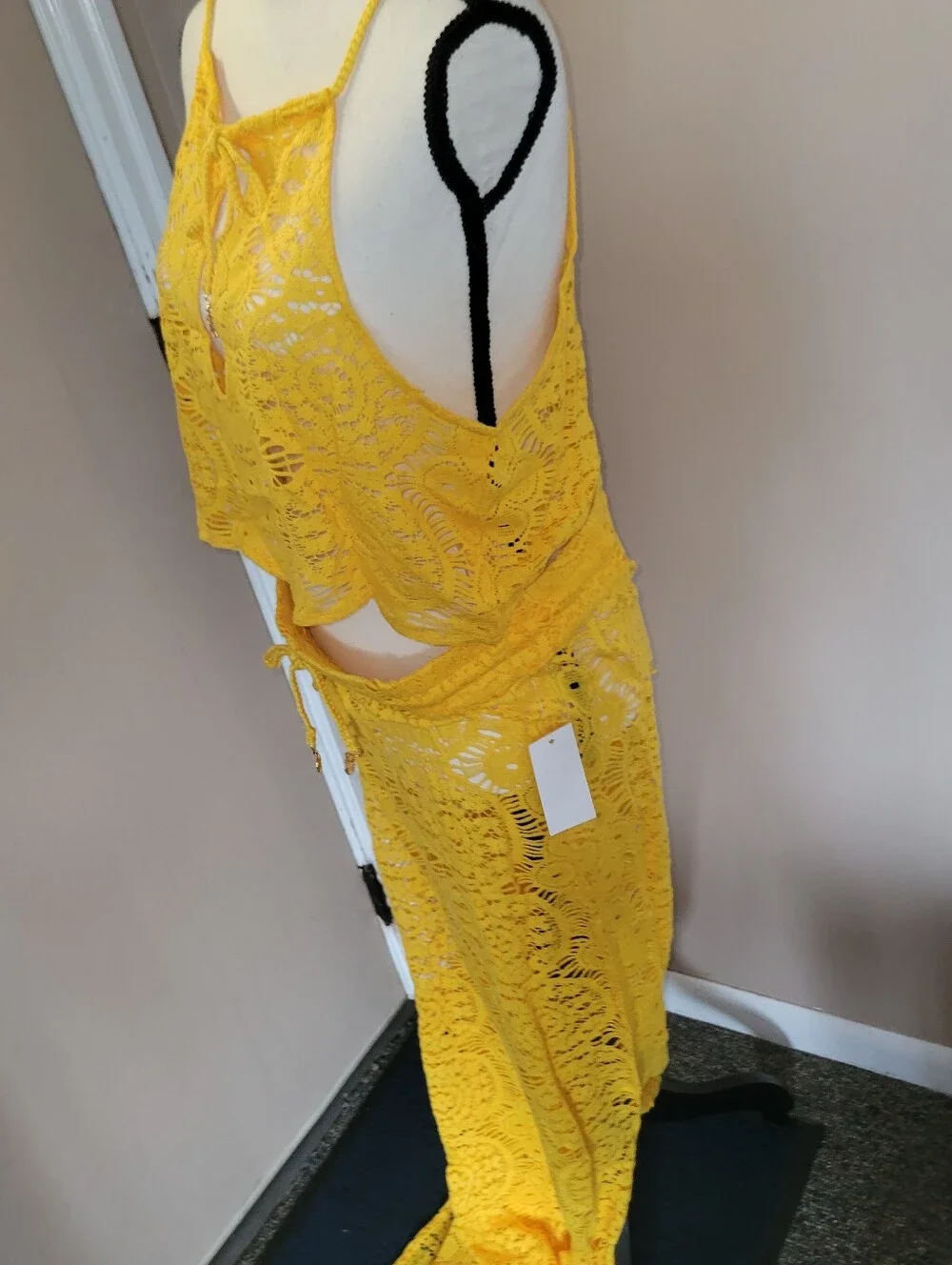 Yellow Crochet Lace Swim Coverup Set - Crochet Slitted Pants & Crop Top